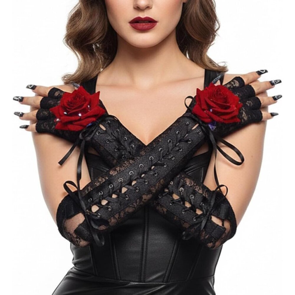 Fingerless Lace Up Gloves Women Girl Costume Opera Punk Fashion Accessory